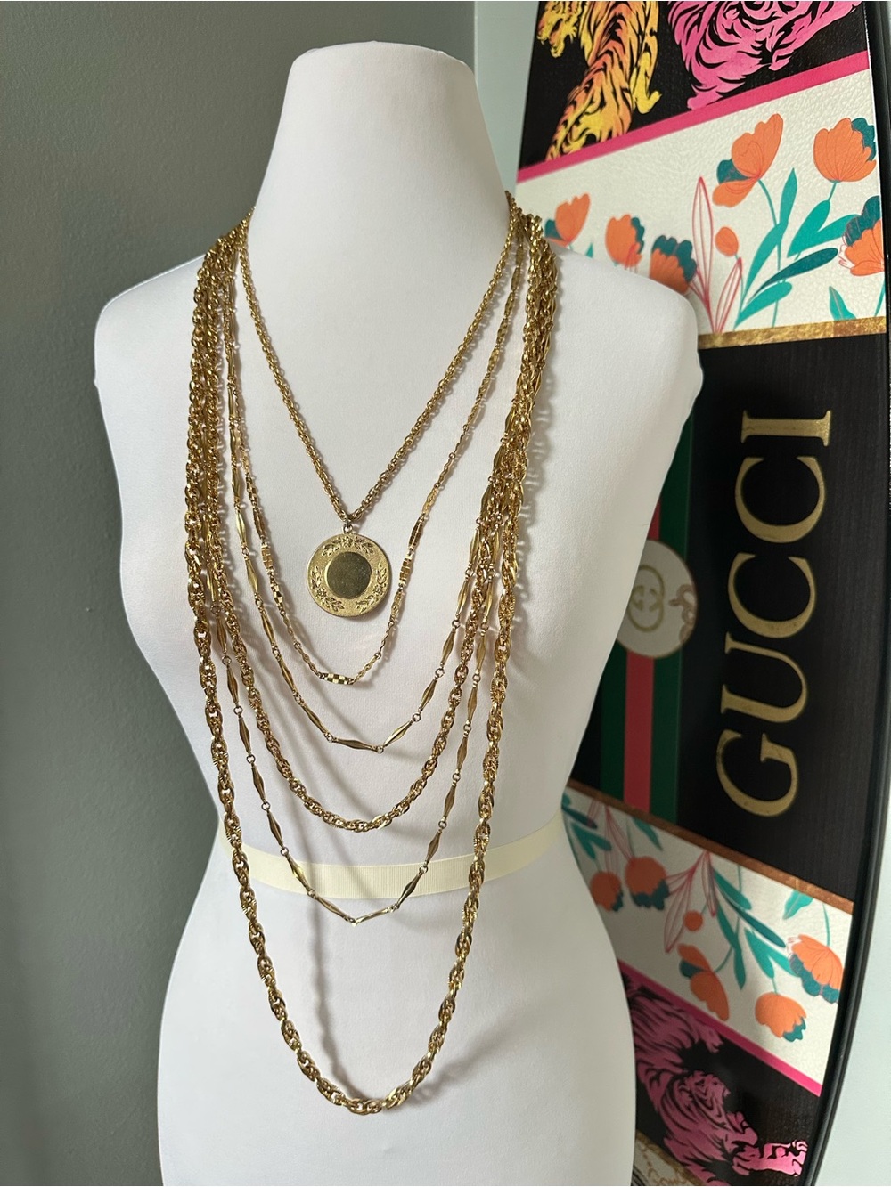 Vintage Goldtone Multilayer Textured Chain Medallion Necklace Bling Clubwear